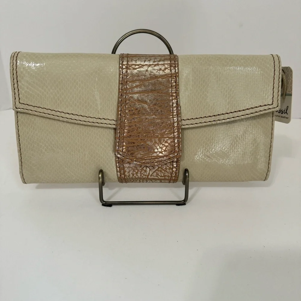 Fossil SL9966 Bone Cream Leather Clutch Wallet Bronze Python Print Organizer NWT